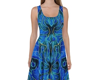 Skater Dress - Blue Black and Gold Abstract Swirling Design - Festival Fashion/ Bold Casual Streetwear