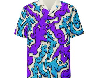 Unisex Abstract Print Button Up Shirt | Purple Blue Swirl Art Camp Collar Hawaiian | Festival Rave Streetwear Gift for Him Her
