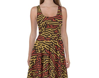 Pumpkin Spice Camo Skater Dress - Bold Abstract Maze Pattern Skirt – Rust, Gold, Mocha Design
