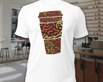 Pumpkin Spice Camo T-Shirt | Caramel Swirl Design On To-Go Coffee Cup Shape | DTG Graphic Tee | Unisex Sizes XS-5XL