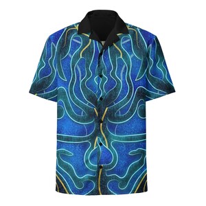 Cyberpunk Button-Up Shirt, Neon Glow Futuristic Festival Shirt, Sci-Fi Digital Art Apparel, Trippy Geometric Streetwear