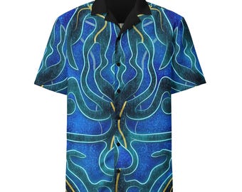 Cyberpunk Button-Up Shirt, Neon Glow Futuristic Festival Shirt, Sci-Fi Digital Art Apparel, Trippy Geometric Streetwear