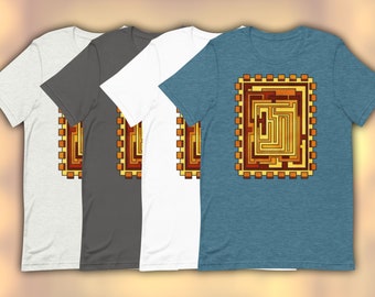 Geometric Abstract Sun Short-Sleeve Unisex Graphic T-Shirt - "Sol" - Art Deco Yellow, Orange & Terra Cotta Solar Design