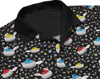 Flying Curling Stones Button Up Graphic Tee - Red, Blue & Yellow Cartoon Winged Curling Rock Patterned Hawaiian Shirt