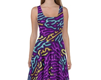 Skater Dress - Purple Vaporware Squiggle Pattern Design - Festival Fashion / Bold Casual Streetwear