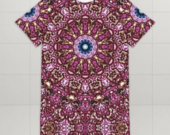 Kaleidoscope Mandala T-Shirt Dress – Psychedelic Boho Festival Outfit | Trippy All-Over Print Dress for Floral Style Lovers