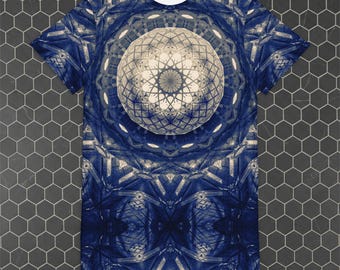 Cybergoth Mandala T-Shirt Dress – Biomechanical Dystopian Vibe Kaleidoscope Graphic Oversize Tee | 2XS - 6XL