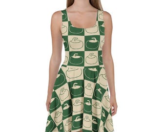 Skater Dress - Repeating Curling Stone Pattern - Green and Tan Chessboard Quadtych Design - Curling / Winter Sport Fan Dress