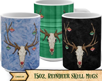 15oz. Reindeer Skull Mug - Choice of Three Backrounds. Christmas / Halloween Themed Coffee or Tea Cup. Great For Holiday Gift or Decor.