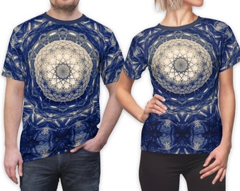 Blue and Ivory Gothic Biomechanical Mandala All-Over-Print T-Shirt. Dark Future Alien Design Polyester Tee for Cosplay, Gamer, or Streetwear