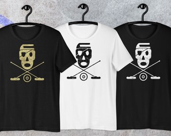 Skull & Cross Brooms Jolly Roger Curling Design Unisex Short-Sleeve Tshirt | His/hers curling fan gift | Black, White or Gold Skull Design
