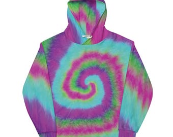 Psychedelic Tie Dye Design Hoodie -  Unisex Cyan Purple Green Swirl All Over Print Pullover Hooded Sweatshirt