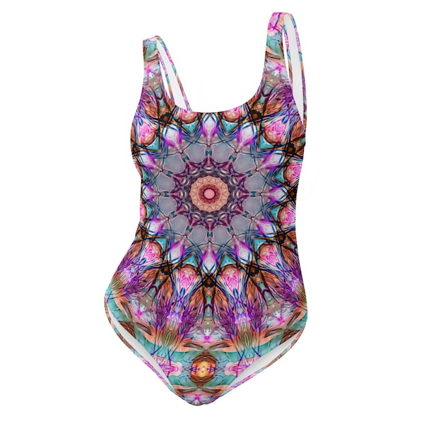 Rose Window Mandala One-Piece Swimsuit - Purple Stained Glass Psychedelic Kaleidoscope Swimwear - Women's Monokini Bathing Suit / Bodysuit