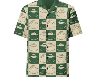 Retro Curling Shirt Green Checkerboard Button Up, Curling Stone Pattern Camp Collar Shirt, Bonspiel Sports Fan Gift