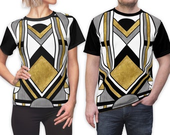 Art Deco Astronaut All Over Print T-Shirt - Retro Black, Faux Metallic Gold and Silver Hard Edged Geometric Spaceman Designed Streetwear