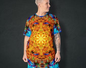 Fiery Mandala T-Shirt Dress - Vibrant Abstract Visionary Art Oversize Tee | 2XS-6XL