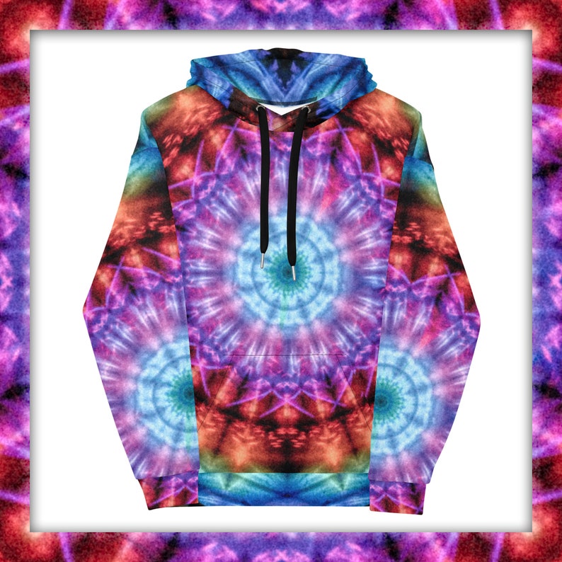 Colorful tie-dye hoodie with circular blue, red, and purple designs and black drawstrings.