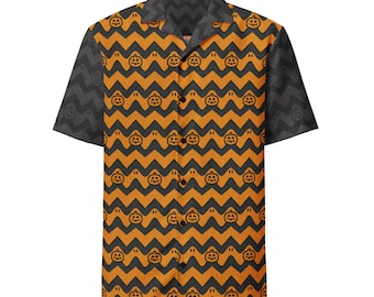 Halloween Chevron Button-Up Shirt | Ghost & Jack-o'-Lantern Pattern | Festive Fall Fashion | Unisex Halloween Shirt | Halloween Party Outfit