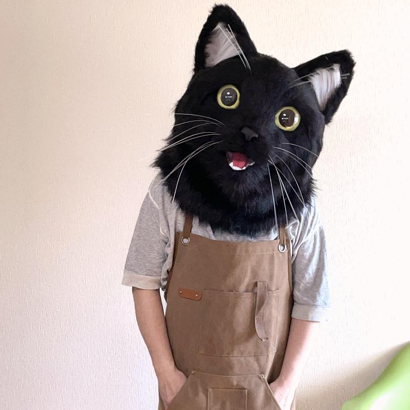 Japanese Handmade Cat Mask – Realistic Black Cat Head with Movable Mouth for Cosplay or Furry Art
