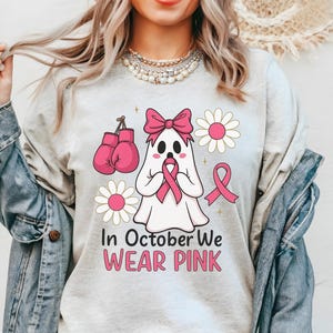 Pink Ribbon Ghost PNG: Breast Cancer Awareness Halloween T-Shirt Design (Digital Download)