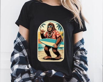 Retro Surfing Bigfoot PNG: Tropical Sasquatch Clipart (Digital Download)