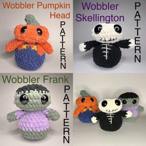 May include: Four crocheted Halloween characters: a pumpkin head, a skeleton, a Frankenstein, and a group shot of the pumpkin head, skeleton, and Frankenstein. Each character has large eyes and a friendly expression. The text "PATTERN" appears next to each character.