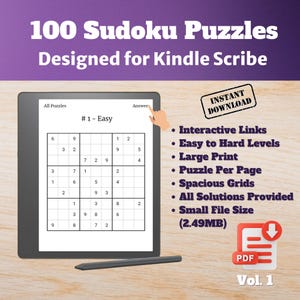 Kindle Scribe Sudoku Puzzles Volume 1 - 100 Easy, Medium & Hard Puzzles - Interactive Games and Puzzles PDF Template - Digital Downloads
