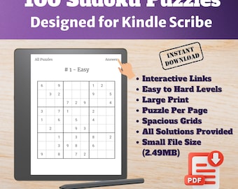 Könnte beinhalten: Ein digitaler Bildschirm zeigt ein Sudoku-Rätsel mit dem Titel "#1 - Einfach" und den Texten "Alle Rätsel" und "Lösung". Der Bildschirm befindet sich auf einer Holzoberfläche mit einem Stift und einem digitalen Download-Button. Der Text "100 Sudoku Puzzles Designed for Kindle Scribe" befindet sich oben im Bild. Der Text "Sofortiger Download" befindet sich in einem roten Stempel auf der rechten Seite des Bildes. Der Text "Vol. 1" befindet sich unten im Bild. Das Bild enthält auch eine Liste von Funktionen: "Interaktive Links", "Leichte bis schwere Schwierigkeitsgrade", "Große Schrift", "Ein Rätsel pro Seite", "Geräumige Gitter", "Alle Lösungen bereitgestellt", "Kleine Dateigröße (2,49 MB)"