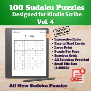 Kindle Scribe Sudoku Puzzles Volume 4 - 100 Easy, Medium & Hard Puzzles - Interactive Games and Puzzles PDF Template - Digital Downloads NEW