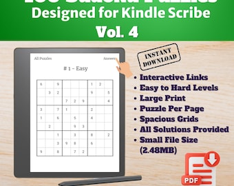 Könnte beinhalten: Ein digitaler Bildschirm zeigt ein Sudoku-Rätsel mit dem Titel "#1 - Einfach" und den Texten "Alle Rätsel" und "Lösung". Der Bildschirm befindet sich auf einem Tablet mit einem Stift daneben. Das Bild enthält auch ein grünes Feld mit dem Text "Sofortiger Download" und eine Liste von Funktionen: "Interaktive Links", "Leichte bis schwere Schwierigkeitsgrade", "Große Schrift", "Ein Rätsel pro Seite", "Geräumige Gitter", "Alle Lösungen bereitgestellt", "Kleine Dateigröße (2,48 MB)". Das Bild enthält auch ein PDF-Symbol mit einem Download-Pfeil.