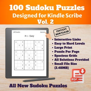 Kindle Scribe Sudoku Puzzles Volume 2 - 100 Easy, Medium & Hard Puzzles - Interactive Games and Puzzles PDF Template - Digital Downloads