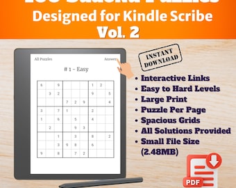 Könnte beinhalten: Ein digitales PDF mit 100 Sudoku-Rätseln, entworfen für Kindle Scribe, Vol. 2. Das Bild zeigt ein Tablet, das ein Sudoku-Rätsel mit interaktiven Links, einfachen bis schweren Levels, großem Druck und geräumigen Gittern anzeigt.