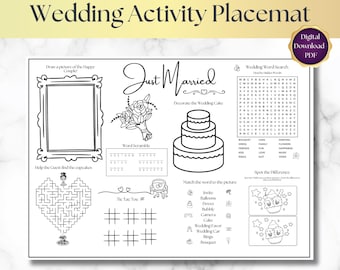 Mantel individual con actividades para niños para bodas: colorear y rompecabezas (descarga en PDF)