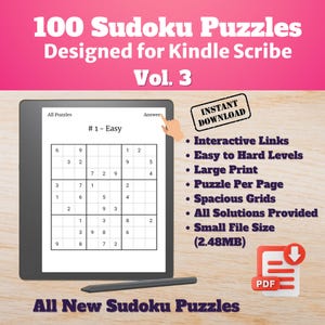 Kindle Scribe Sudoku Puzzles Volume 3 - 100 Easy, Medium & Hard Puzzles - Interactive Games and Puzzles PDF Template - Digital Downloads NEW