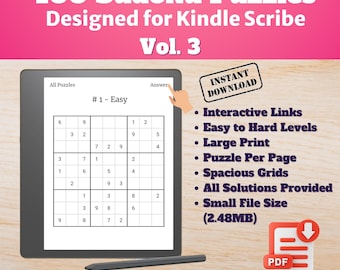 Könnte beinhalten: Ein digitaler Bildschirm zeigt ein Sudoku-Rätsel mit dem Titel "#1 - Einfach" und den Texten "Alle Rätsel" und "Lösung". Der Bildschirm befindet sich auf einer Holzoberfläche mit einem roten Knopf, auf dem "Sofort-Download" steht. Der Text unter dem Knopf listet die Funktionen des Produkts auf, darunter "Interaktive Links", "Leichte bis schwere Schwierigkeitsgrade", "Großer Druck", "Ein Rätsel pro Seite", "Geräumige Gitter", "Alle Lösungen bereitgestellt", "Kleine Dateigröße (2,48 MB)". Der Text "Alle neuen Sudoku-Rätsel" befindet sich am unteren Rand des Bildes. Ein PDF-Symbol befindet sich in der unteren rechten Ecke.