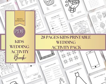 May include: A printable activity book for kids featuring wedding-themed activities. The book includes 28 pages of activities such as word searches, mazes, coloring pages, and more. The cover of the book features a pink and gold design with the words "Kids Wedding Activity Book" in white.