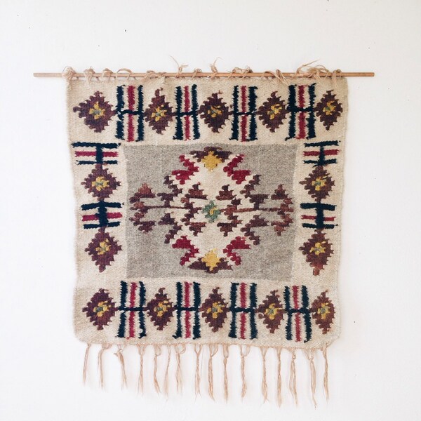 Vintage Southwest Wool Weaving or Rug - wall hanging, geometric, fringe