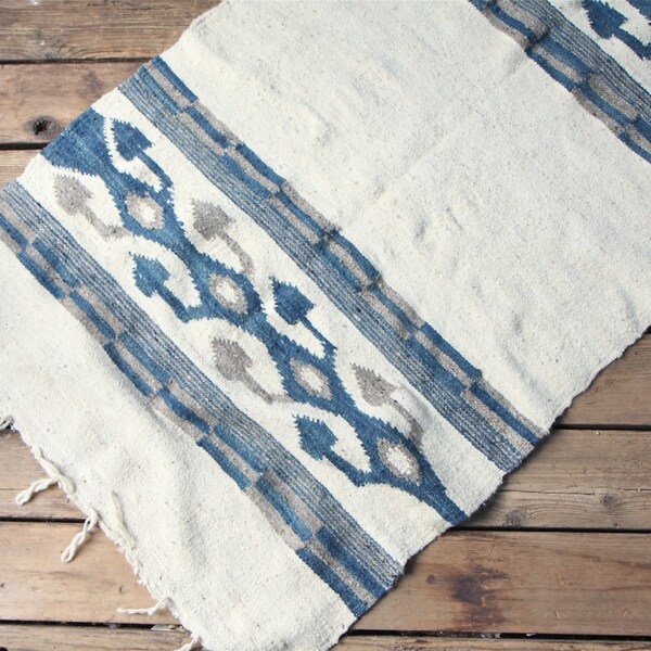 Vintage Southwestern Woven Cotton and Wool Rug / Navajo Style, Blue