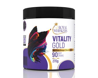Royal Whiskers Vitality Gold - Omega 3 & Taurin Premium Soft Chew Supplement - Främjar cell-, hjärta-, hjärn-, syn-, hud- och pälshälsa