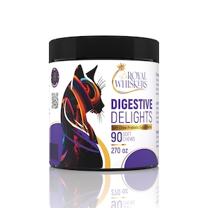 May include: A purple and gold container of Royal Whiskers Digestive Delights soft chew probiotic supplements for cats. The container has a picture of a cat on it and says "90 Soft Chews" and "270 oz".