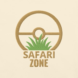May include: An embroidered design featuring a tan circular emblem with a horizontal line and a central circle, partially obscured by a patch of green grass. Below the emblem, the text SAFARI ZONE is embroidered in tan block letters.
