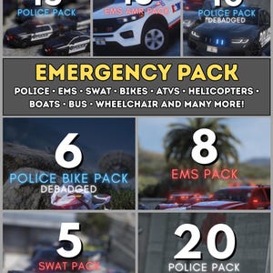 FiveM Emergency Mega Pack | 70+ Police, Ambulance, SWAT, Bikes, ATVs, Helicopters, Boats, Buses & More | ESX and QBCore Ready