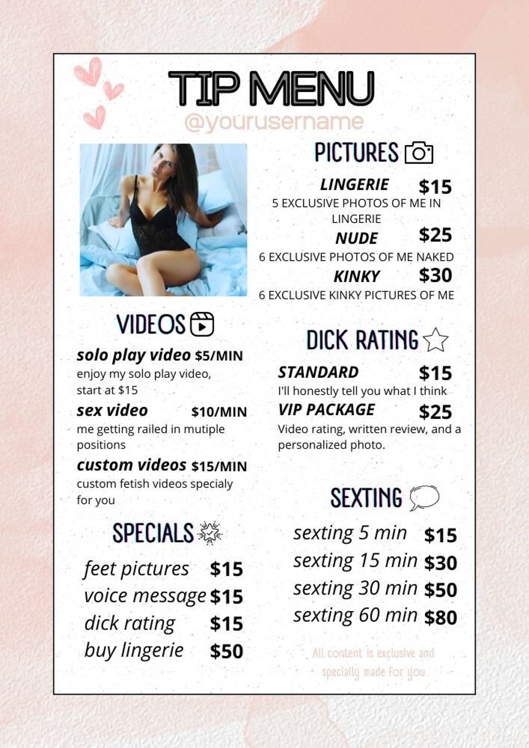 Onlyfans Tip Menu, Editable Template, Digital Download, Canva Template ...