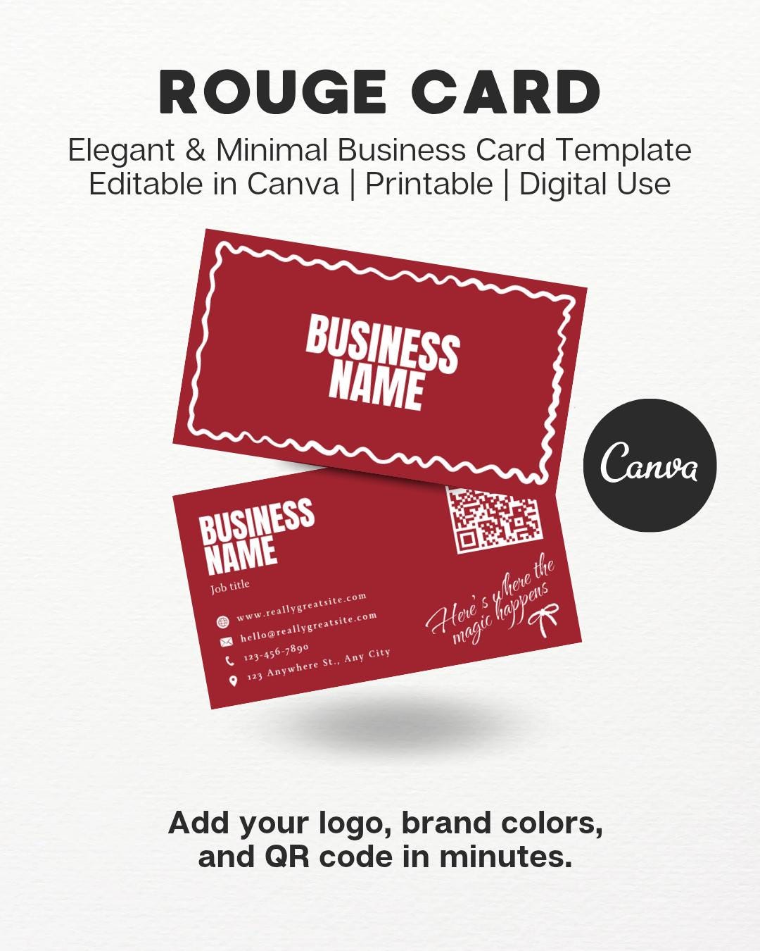Rouge Card Luxury Minimal Business Card Editable Canva Template QR Code ...
