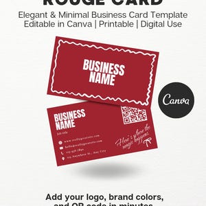 Puede incluir: Plantilla de tarjeta de visita roja con texto blanco. El diseño presenta dos tarjetas, una con "BUSINESS NAME" y otra con información de contacto y un código QR. El logotipo de Canva también es visible.