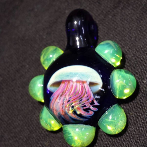 Glass Jellyfish with Slyme Boro Round Pendant Necklace Handblown lampwork