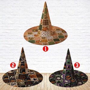 May include: Three conical witch hats featuring patchwork designs. Hat 1 has autumn-themed squares with pumpkins and leaves. Hat 2 features black squares with orange pumpkins and 'Trick or Treat' text. Hat 3 displays purple and black Halloween motifs.