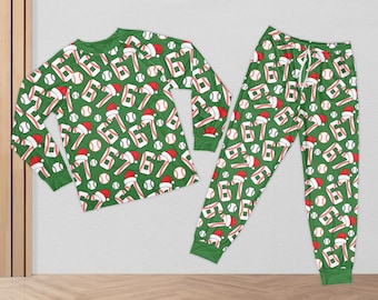 Baseball Six Seven Christmas Pajamas Set, Trending 67 Matching Long Sleeve Pajamas, Funny Kid Christmas, Baseball Lover Six Seven Gift