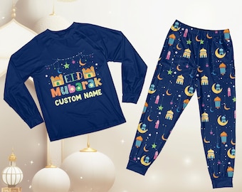 Personalized Eid Mubarak Pajamas, Custom Name Ramadan Family Matching PJs, Muslim Lantern Moon Sleepwear, Eid Gift for Kids & Adults