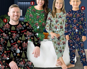 Custom Name Dirt Bike Pajamas Set, Funny Santa Dirt Bike Pajama, Personalized Racing Lover Gift, Xmas Santa Motocross Pajamas